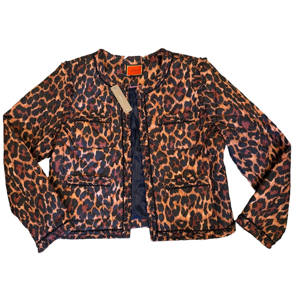 J.Crew Quilted Leopard Jacket Size 14 NWT AQ281 Ruffle Trim Statement Coat